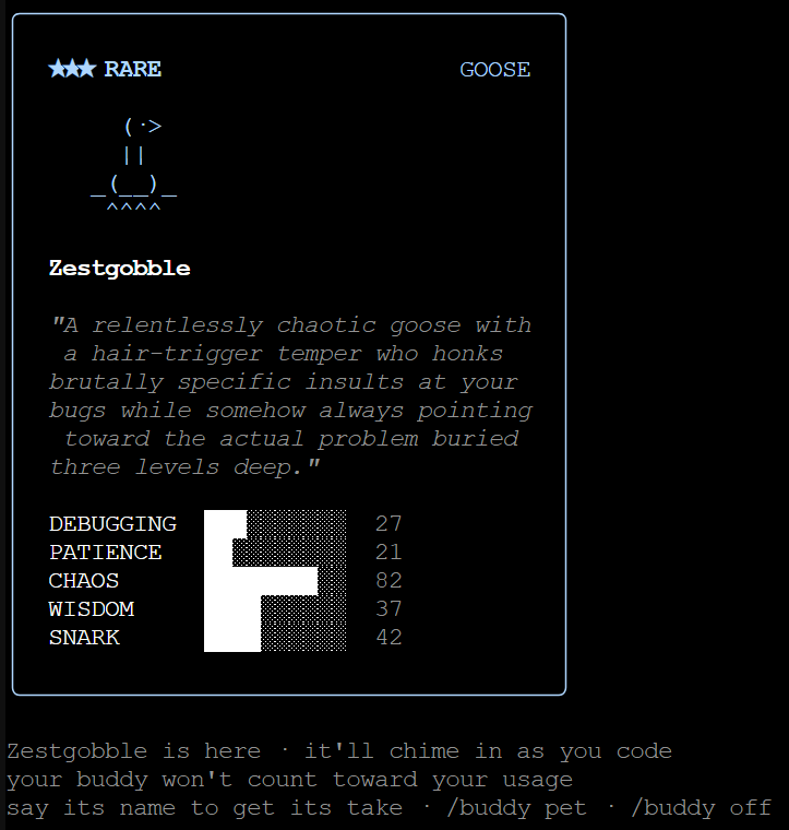 Zestgobble — a rare-goose trading card. ASCII-art goose with stats DEBUGGING 27 / PATIENCE 21 / CHAOS 82 / WISDOM 37 / SNARK 42, and the description: 'A relentlessly chaotic goose with a hair-trigger temper who honks brutally specific insults at your bugs while somehow always pointing toward the actual problem buried three levels deep.'